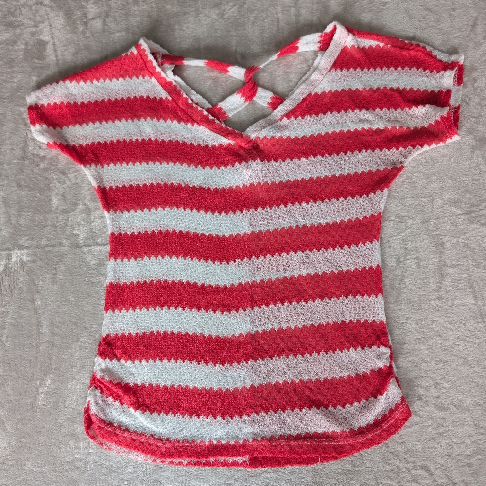 Tres Bien USA Vintage Striped Short Sleeve V-Neck Open Knit Sweater Top image 7